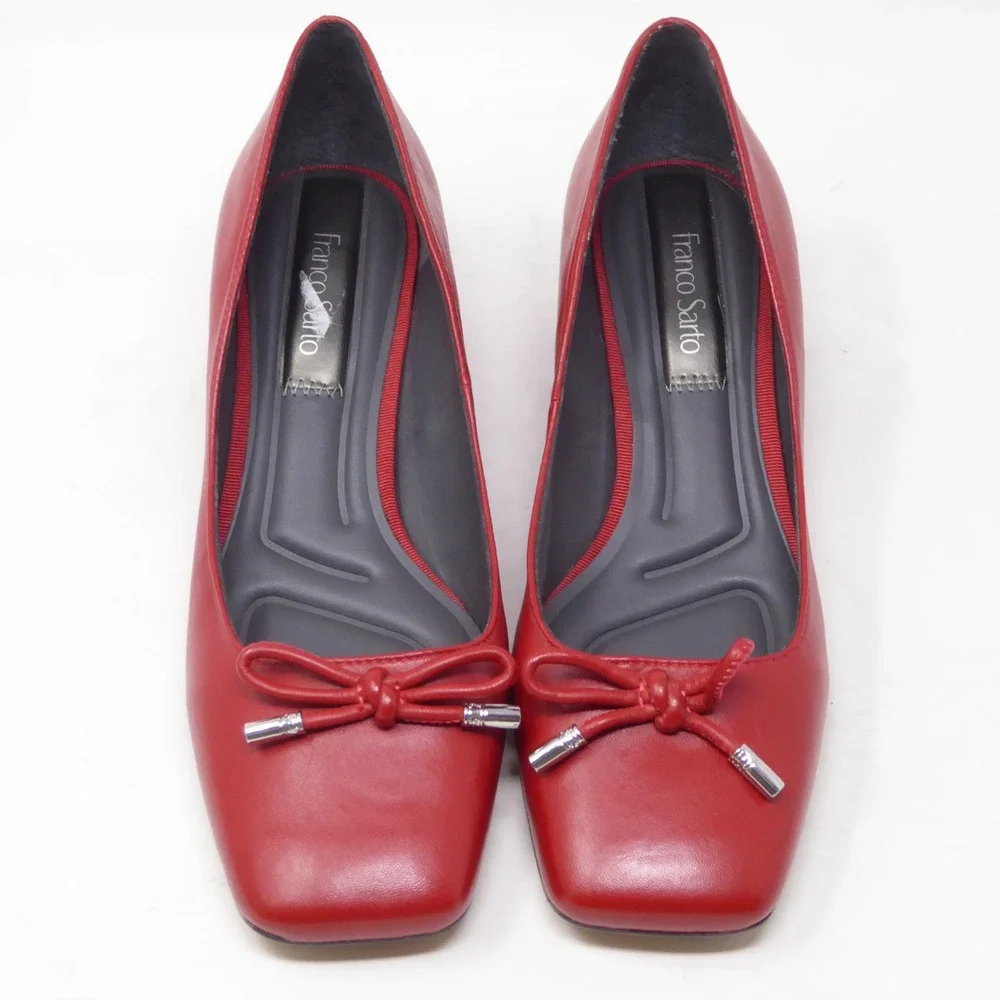 Franco Sarto Women Natalia Pumps Red Leather Square Toe Bow Block Heel 6.5W Wide